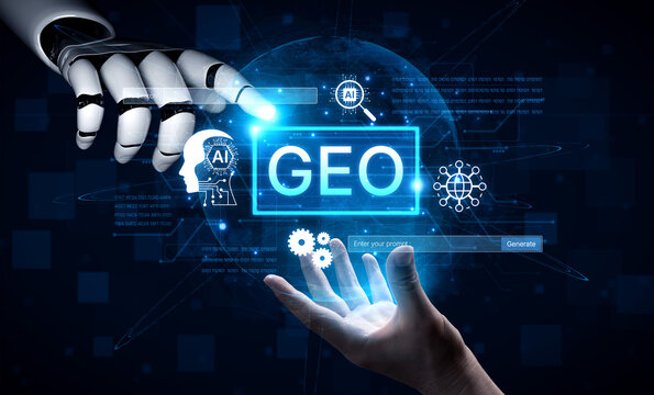 Digital marketing concept featuring GEO strategy. Generative AI search visual shows GEO interface integrating intelligence, logic, and AI input system for prompt tasks. Corpus
