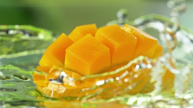 Super Slow Motion Shot of Fresh Mango Falling into Water and Making Splash at 1000fps.