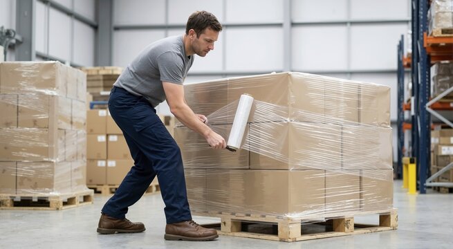 Warehouse worker wrapping a pallet of cardboard boxes with plastic stretch film. Male employee securing cargo for shipping in a distribution center