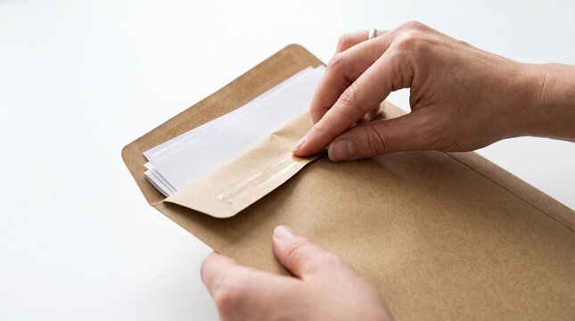 Hands sealing a brown paper envelope with white paper inside