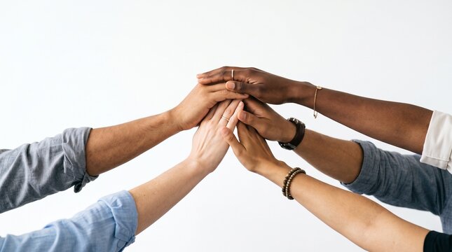 Diverse group of people stacking hands together in a sign of unity and teamwork