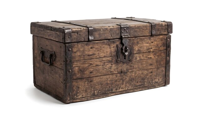 Rustic antique wooden chest with metal reinforcements treasure furniture colonial heritage historical container isolated textured