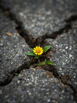 Resilient Yellow Flower Growing Through Cracked Urban Pavement