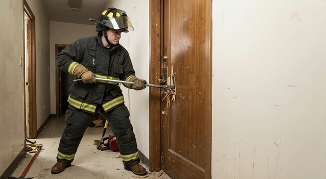Firefighter using a Halligan bar to pry open a wooden door. First responder in full protective gear performing forced entry in a hallway