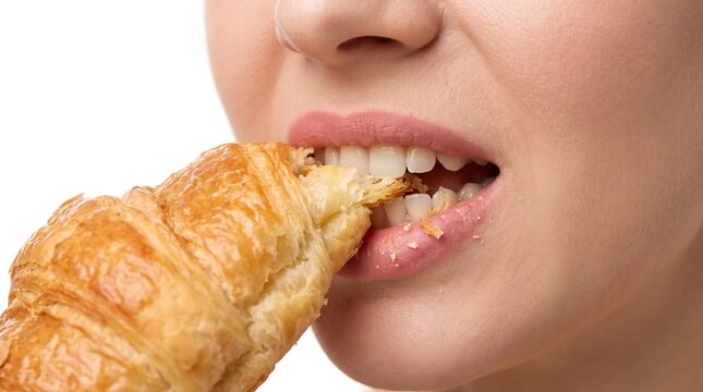 Close-up of a person taking a bite of a fresh buttery french croissant with croissant breakfast delicious appetite snacking nutrition