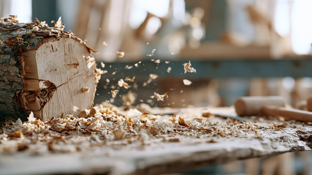 Close-up of wood shavings flying from a log in a woodworking studio.