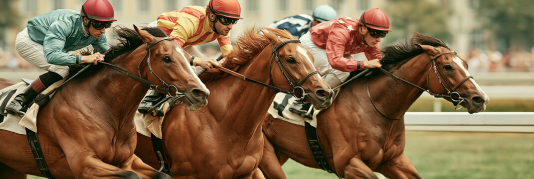 Exciting horse race with male jockeys in vibrant colors on galloping horses.