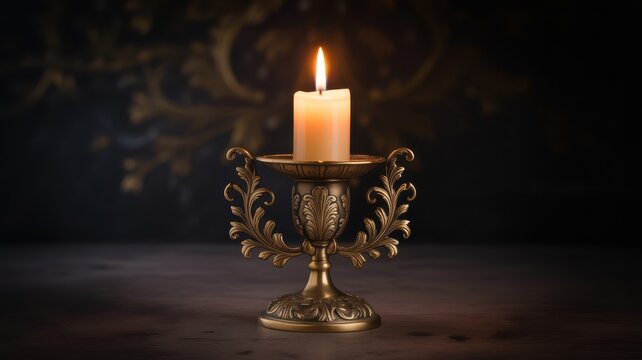 Lit wax candle in a vintage ornate bronze candlestick holder on a dark wooden table with a moody background