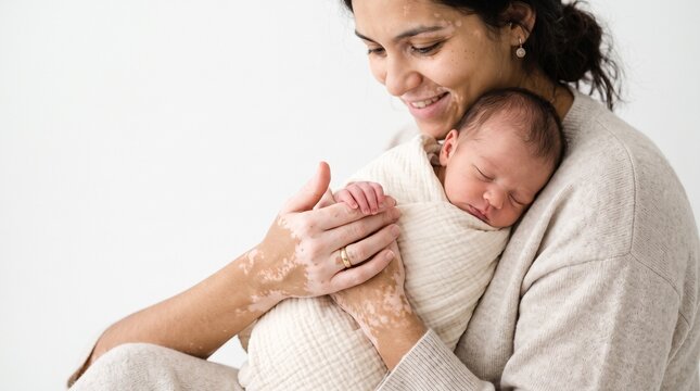 Mother holding her sleeping newborn baby wrapped in a blanket with vitiligo skin condition