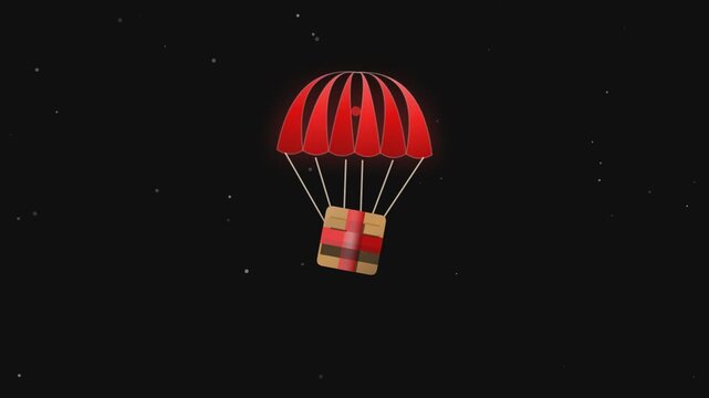3D delivery parachute animation. Aerial package drop motion graphic loop.