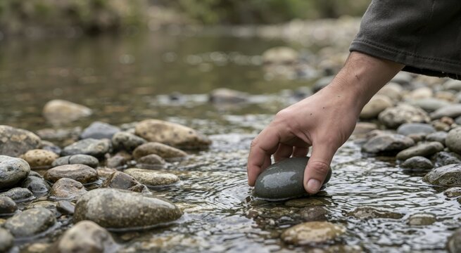 Close up of hand picking smooth stones from river bed. Historical biblical concept of preparation. Clear shallow water flowing over rounded rocks