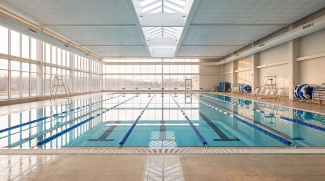 Indoor Public Swimming Pool Before Opening &ndash; Quiet Olympic-Style Aquatic Center with Clean Lanes and Morning Light
