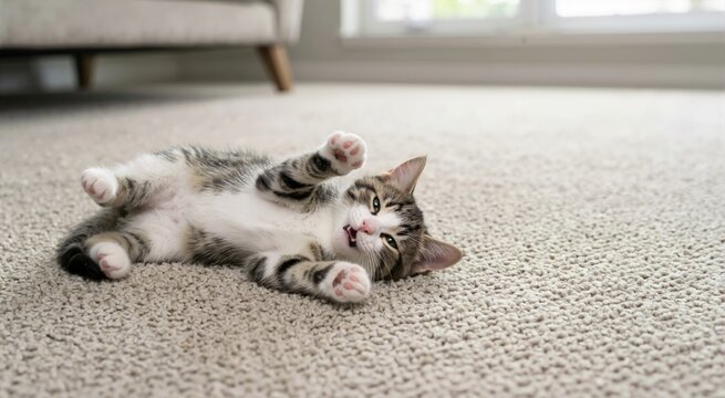 Playful tabby kitten rolling on its back on a carpet. Cute small cat lying on floor with paws in the air