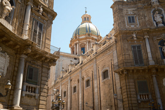 Baroque cathedral dome in Sicily, Italy under summer sky