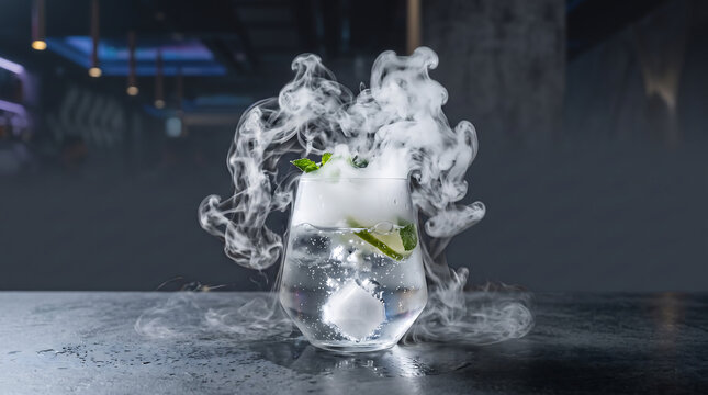 Smoking Gin Tonic Cocktail with Dry Ice Fog, Fresh Mint and Lime in Glass on Dark Counter