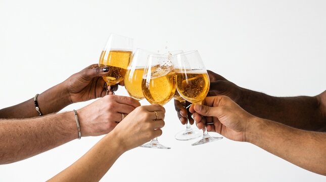 Diverse group of friends clinking glasses of champagne in celebration