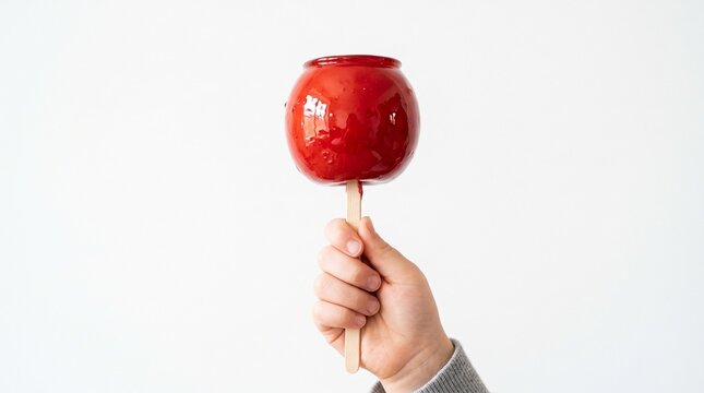Hand holding a shiny red candy apple on a stick against a white background