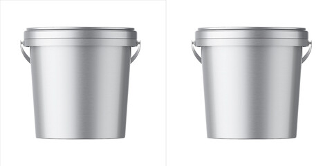 Two blank silver plastic buckets with lids isolated on transparent background © png photo