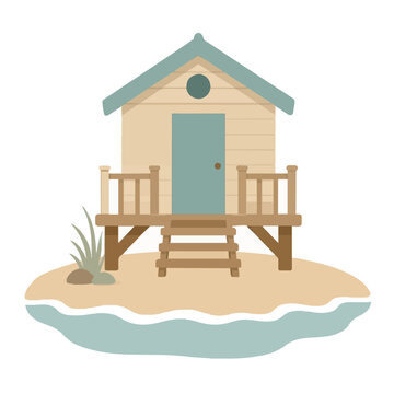 Hand-traced vector illustration of a charming wooden beach hut with teal door and roof perched on a sandy shoreline beside gentle waves, perfect coastal getaway icon design
