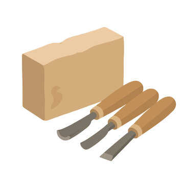 Hand-traced vector illustration of wooden carving chisels beside a decorated tan wooden block with ornate scrollwork pattern, isometric artisan craft tool icon design