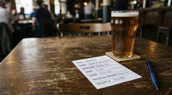 Sports betting slip and a pint of beer on a wooden table in a traditional pub. Gambling ticket with odds and stake next to a blue pen. Blurred bar interior background