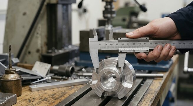 Machinist hands using a vernier caliper to measure a metal part. Precision engineering and quality control in industrial manufacturing workshop