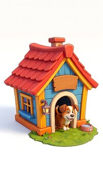 Cute small dog sitting inside a colorful cartoon doghouse with doghouse colorful illustration character interior entryway friendly