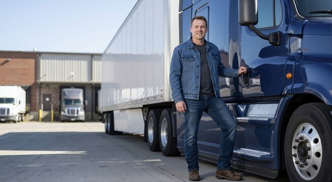 Smiling male truck driver wearing denim standing next to a blue semi truck. Professional transportation worker at a commercial loading dock
