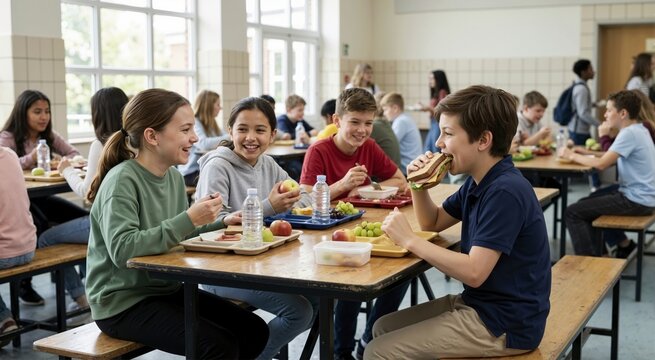 Middle school students eating lunch together in the cafeteria. Happy boy taking a bite of a sandwich while sitting with friends