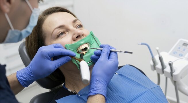 Dentist performing composite layering technique on a female patient. Doctor using a curing light and green rubber dam in a modern dental clinic