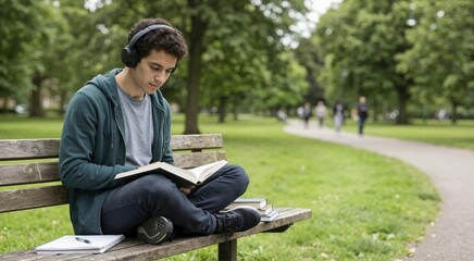 Obraz premium Young male student listening to music on headphones while studying in park. Focused man reading book on wooden bench outdoors. Education concept