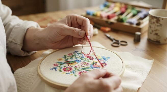 Close up of hands threading an embroidery needle over a colorful cross stitch pattern. Creative crafting hobby