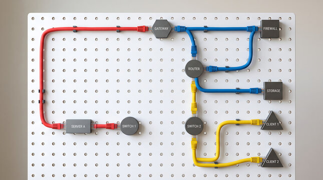 Conceptual IT network topology layout on pegboard with ethernet cables router gateway firewall server and clients