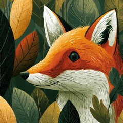 Obraz premium Fox stands in leaves with various shades of autumn colors, surrounded by rough brush textures in a storybook style.