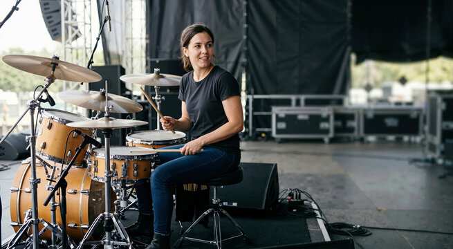 Female drummer sitting at a drum kit on an outdoor stage. Woman musician holding drumsticks ready for a live summer concert performance