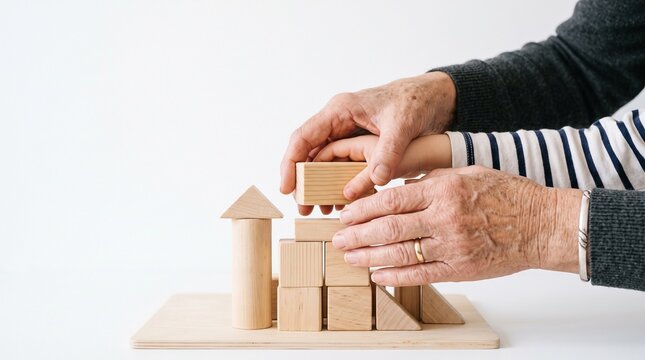 Grandparent and child building with wooden blocks together