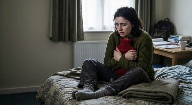 Distressed young woman sitting on a bed hugging a red hot water bottle to stay warm. Cold student wearing a thick sweater in a freezing bedroom. Energy crisis and cost of living concept