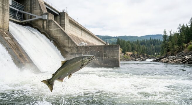 Large salmon fish jumping out of turbulent water in front of a concrete hydroelectric dam. Wildlife migration and renewable energy concept