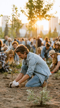 Man planting a tree during a community event at sunset with many people around.