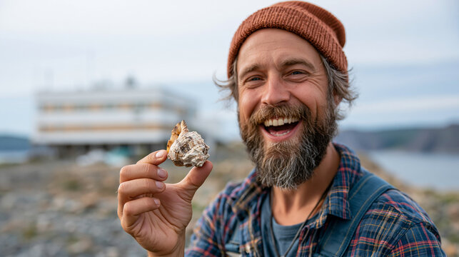 Happy man holding a shell near the ocean with a smile on his face.