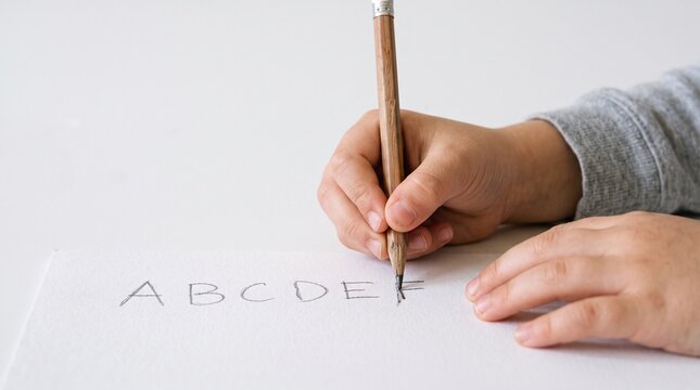 Childs hand writing the alphabet ABCDEF with a pencil on white paper