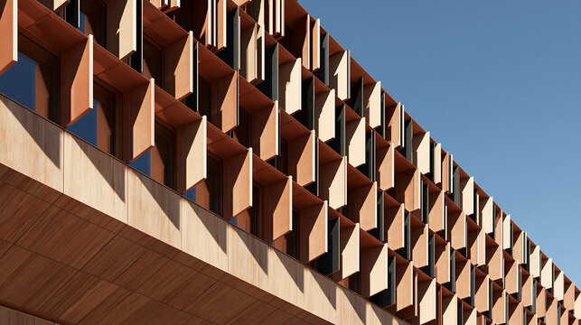 Exterior facade of a building featuring repetitive wooden louvers and sunshades against blue sky