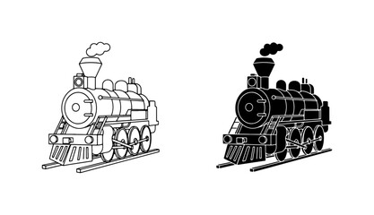 Vintage Steam Locomotive, Retro Train Vector Icons, Classic Transportation Silhouette, Black and White Railway Engine © Kamal