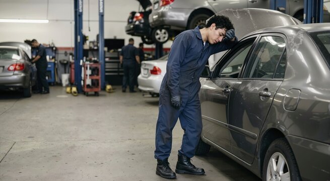 Tired Hispanic auto mechanic resting forehead on car roof in garage. Exhausted technician taking a break from hard physical labor in workshop