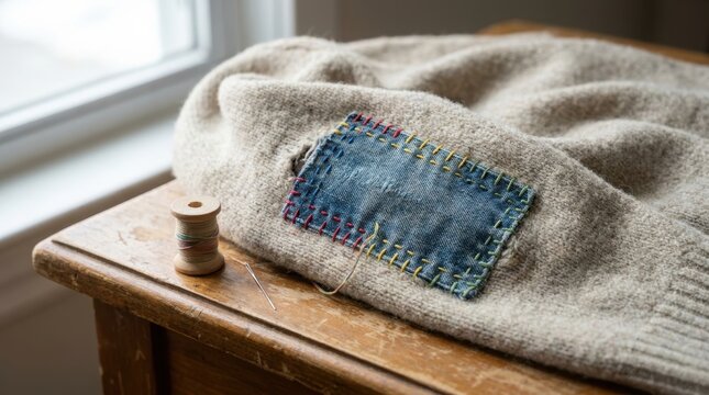Beige sweater with visible mending and blue denim patch sewn with colorful embroidery thread. Concept of slow fashion and garment repair to extend life of clothing. Sustainable living.