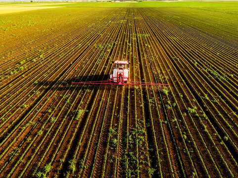 Tractor spraying soybean field aerial view agriculture production