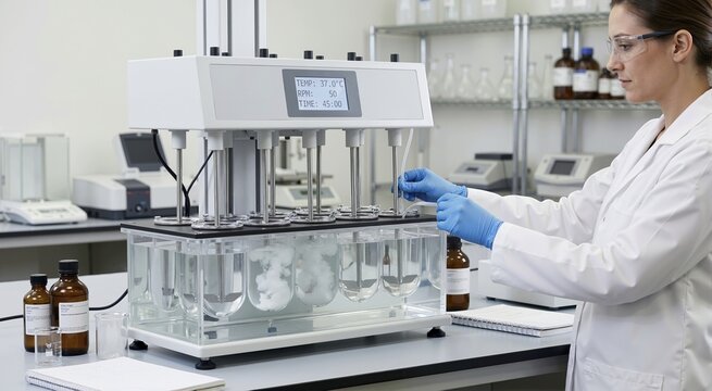 Female scientist operating a tablet dissolution testing apparatus in a laboratory. Pharmaceutical quality control and research