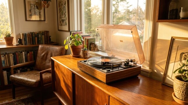 Retro record player on wooden sideboard in cozy living room. Vintage turntable playing music near window. Nostalgic home interior with sunlight, books and plant. Relaxing atmosphere.