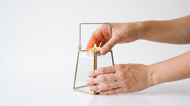 Person lighting a tea light candle in a modern glass and brass lantern