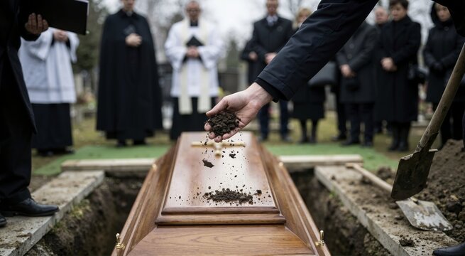 Hand dropping soil onto casket inside open grave pit. Funeral service and clergy theme
